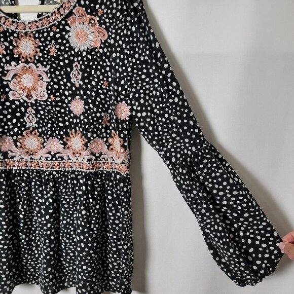 Savanna Jane Floral Embroidered Polka Dot Boho Peplum Long Sleeve Blouse Top M - Picture 5 of 11